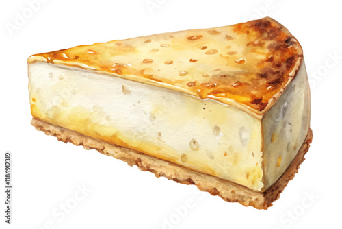 Watercolor cheesecake slice, creamy texture, golden crust, dessert illustration, food art, culinary delight.