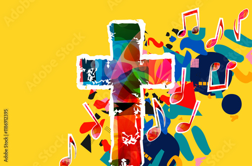 Creative music style template vector illustration, colorful cross with music staff and notes background. Religion themed design for gospel church music and concert, choir singing, Christianity, prayer