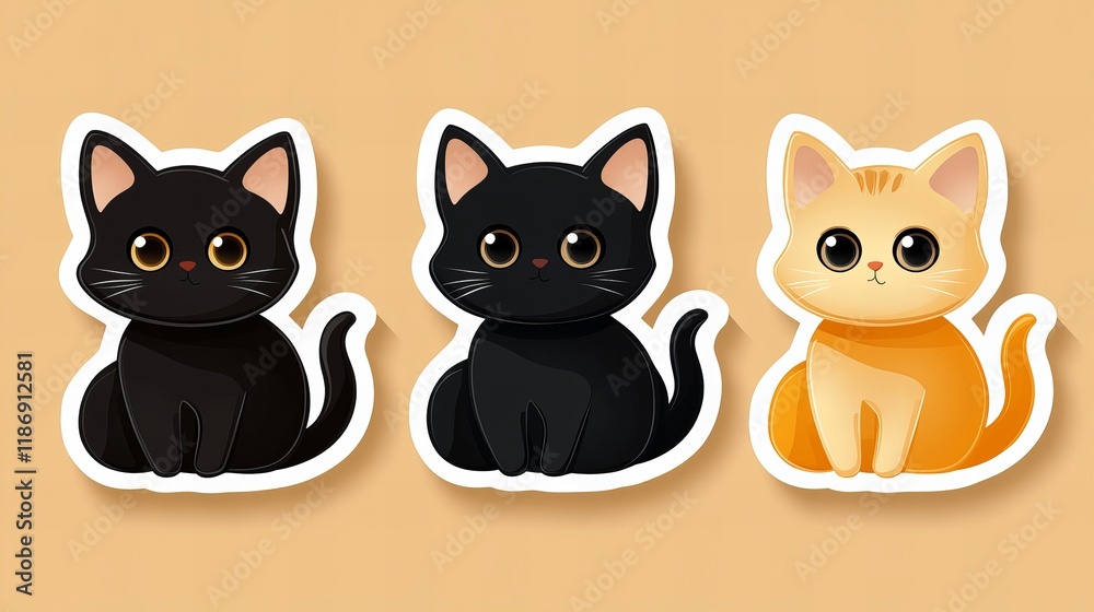 Obraz premium Adorable cartoon kittens in black and orange. Perfect for stickers or pet-themed designs!