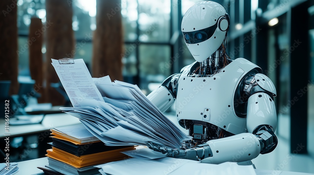 AI-powered office robot organizing files and sorting paperwork in a corporate environment. AI-powered office robot organizing files and sorting paperwork in a corporate environment.
