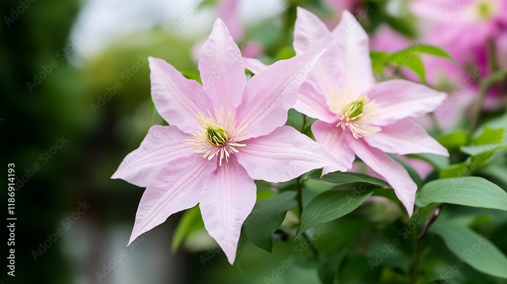 CloseUp of Pink Clematis Flowers Blooming in Lush Greenery in a Garden : Generative AI CloseUp of Pink Clematis Flowers Blooming in Lush Greenery in a Garden : Generative AI