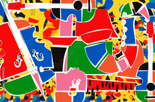 Abstract Music Background, vector illustration. Collage with musical instruments.	