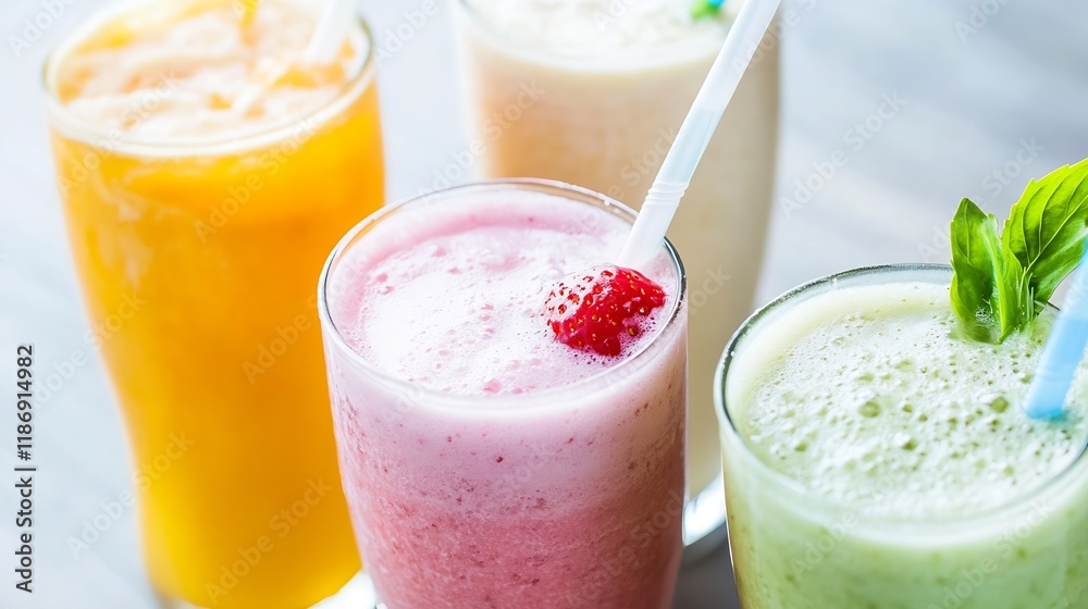Colorful refreshing smoothies with fruits and straws on a bright wooden table background : Generative AI Colorful refreshing smoothies with fruits and straws on a bright wooden table background : Generative AI