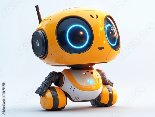 A cute, futuristic robot with large blue eyes, designed for interaction and companionship.