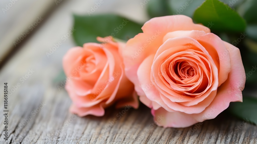 Fototapeta premium Delicate Pink Roses on Rustic Wooden Surface for Romantic Aesthetic : Generative AI