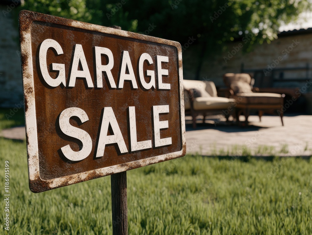 Garage sale sign in a cozy backyard setting with furniture and greenery, inviting shoppers to explore hidden treasures and bargains under the sun Garage sale sign in a cozy backyard setting with furniture and greenery, inviting shoppers to explore hidden treasures and bargains under the sun