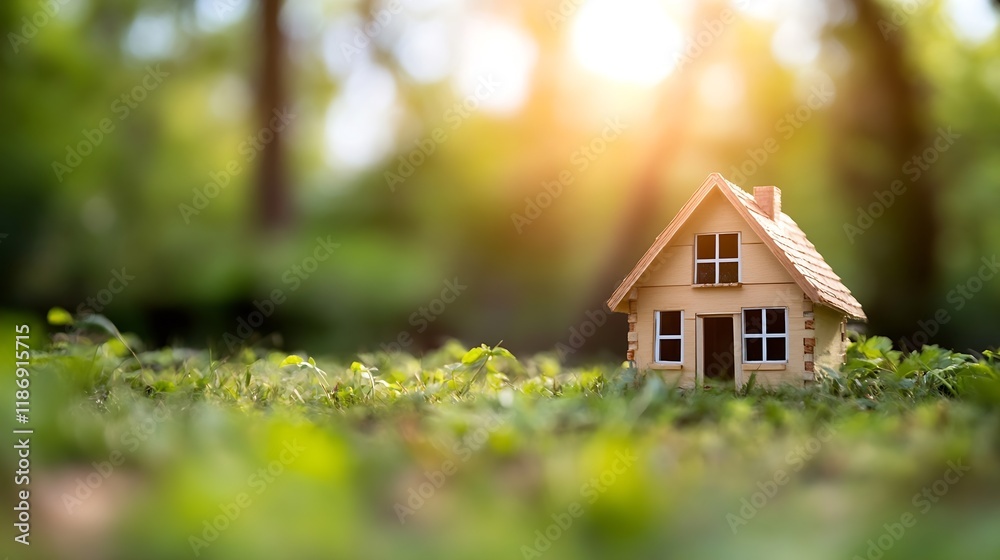 Miniature wooden house model in grassy field with sunbeams and trees in the background : Generative AI Miniature wooden house model in grassy field with sunbeams and trees in the background : Generative AI