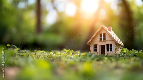 Miniature wooden house model in grassy field with sunbeams and trees in the background : Generative AI photo