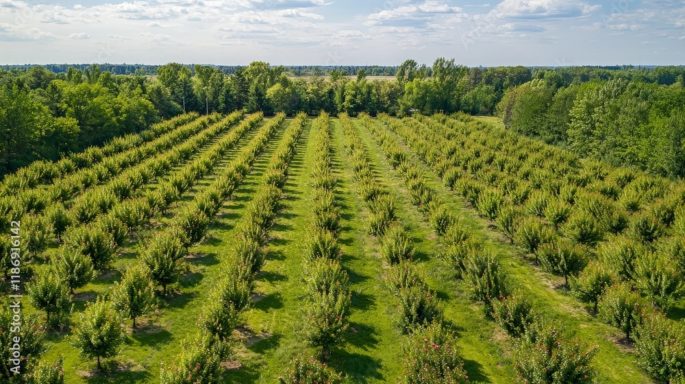 Aerial view of orchard rows, sunny day, green trees, rural landscape. Aerial view of orchard rows, sunny day, green trees, rural landscape.