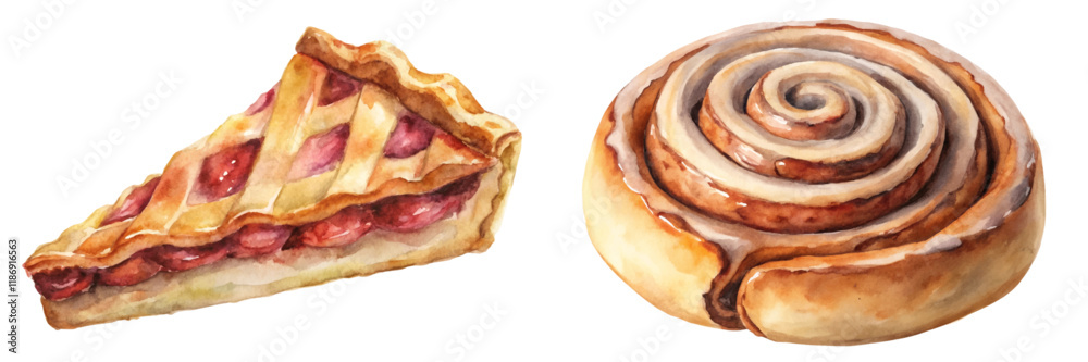 Fototapeta premium Watercolor dessert illustration, cherry pie slice, cinnamon roll, bakery art, food styling, delicious treats.