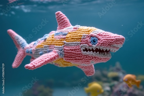 Colorful knitted shark swimming gracefully in an aquarium filled with vibrant marine life and soft underwater lighting photo