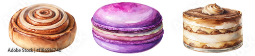 Watercolor dessert illustration, colorful pastries, sweet treats, gourmet bakery items, artistic food design.