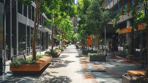 A vibrant urban walkway lined with greenery and seating, inviting leisure and social interaction.