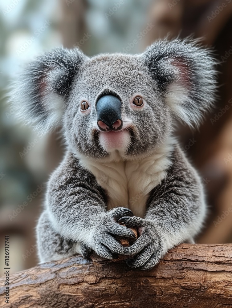 Naklejka premium Curious koala at a wildlife sanctuary in Australia engaging with visitors during a sunny afternoon