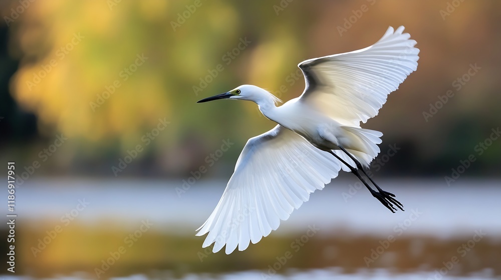 Elegant White Egret in Flight Over Tranquil Lake at Sunset : Generative AI Elegant White Egret in Flight Over Tranquil Lake at Sunset : Generative AI