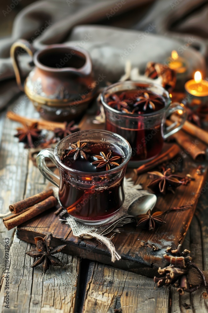Warm spiced drinks with star anise and cinnamon on a wooden table, creating a cozy atmosphere for a winter gathering at night Warm spiced drinks with star anise and cinnamon on a wooden table, creating a cozy atmosphere for a winter gathering at night