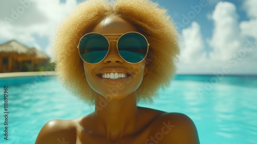 A woman with an infectious smile standing by the ocean, symbolizing freedom, peace, and contentment, perfect for travel, nature, and happiness themes. photo