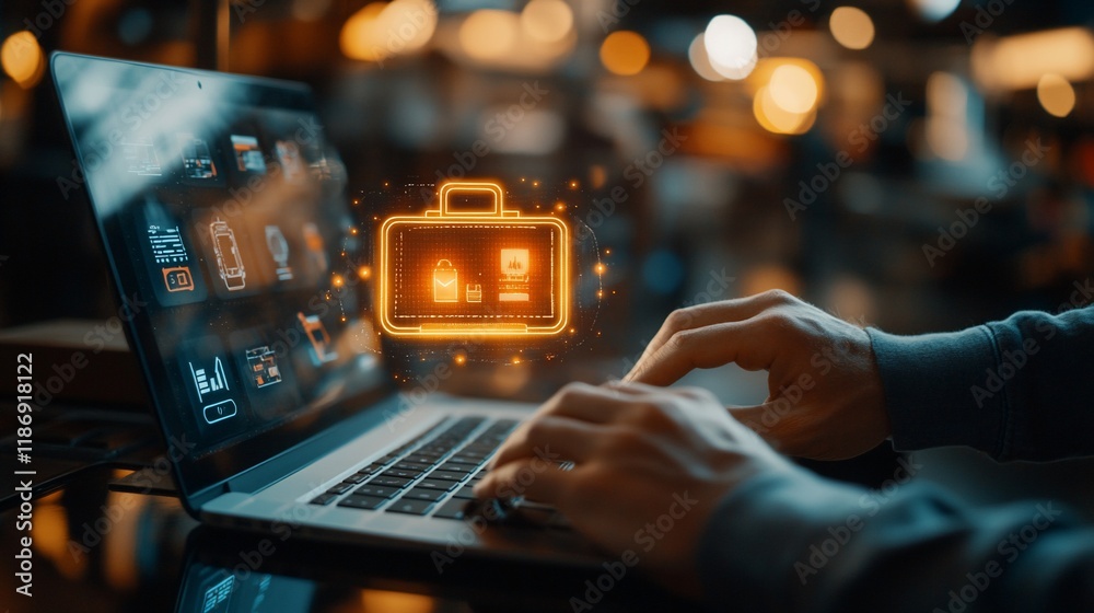 Person using laptop, digital briefcase icon glowing.