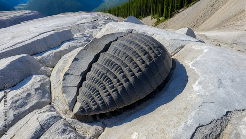 A trilobite fossil on top of the Walcott Quarry in Yoho National Park, BC. photo