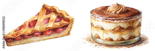 Watercolor dessert illustration, pie slice, creamy tiramisu, delicious pastries, sweet treats, food art, culinary design.