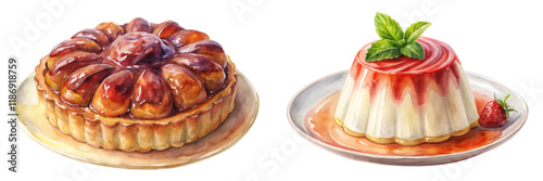 watercolor dessert illustration, fruit tart, panna cotta, vibrant colors, gourmet food art, culinary delight