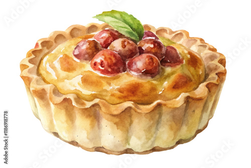 Watercolor dessert illustration, tart with berries, sweet pastry, vibrant colors, food art, culinary design.
