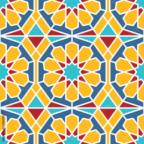 Geometric mosaic arabic seamless pattern red, blue, yellow color. Ramadan kareem traditional islamic background.