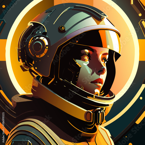 Illustration of a young woman in a spacesuit in a futuristic world concept.