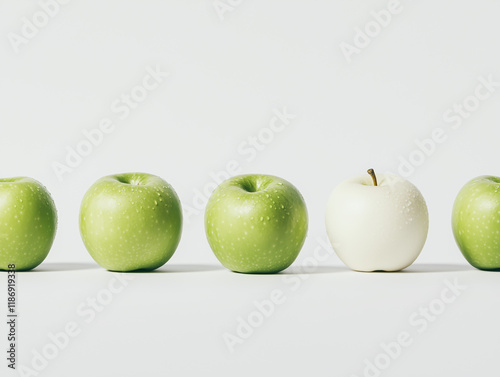 Stand Out:  A single white apple breaks the pattern of green apples, symbolizing uniqueness, individuality, and the power of standing out from the crowd.  