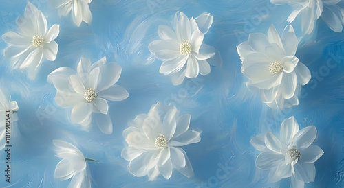 Beautiful white flowers floating on soft blue background with artistic texture