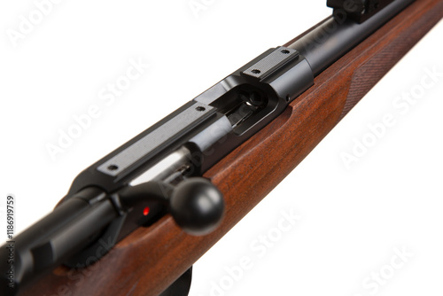 A close-up view of a .22lr caliber rifle, showcasing the bolt-action mechanism and wooden stock. photo