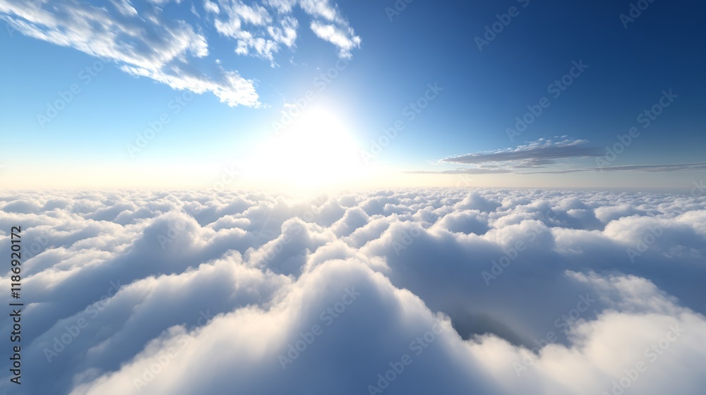 Fototapeta premium Stunning sunrise over calming sea of clouds in blue sky serene atmosphere : Generative AI