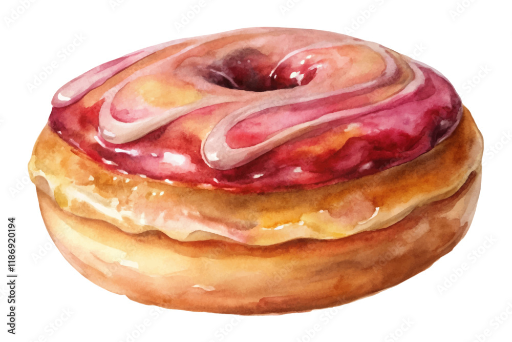 Fototapeta premium Watercolor donut illustration, colorful icing, sweet dessert, food art, bakery style, vibrant colors, appetizing design.