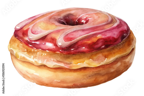 Watercolor donut illustration, colorful icing, sweet dessert, food art, bakery style, vibrant colors, appetizing design.