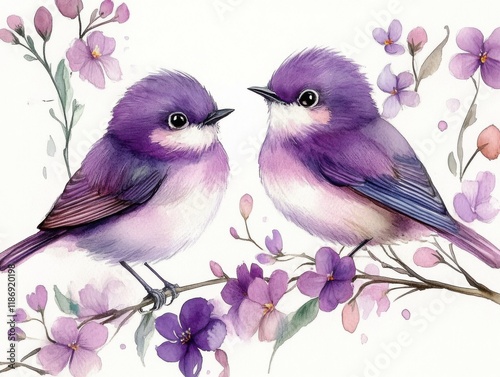 Two colorful birds perched on a floral branch in a serene botanical setting showcasing vibrant hues