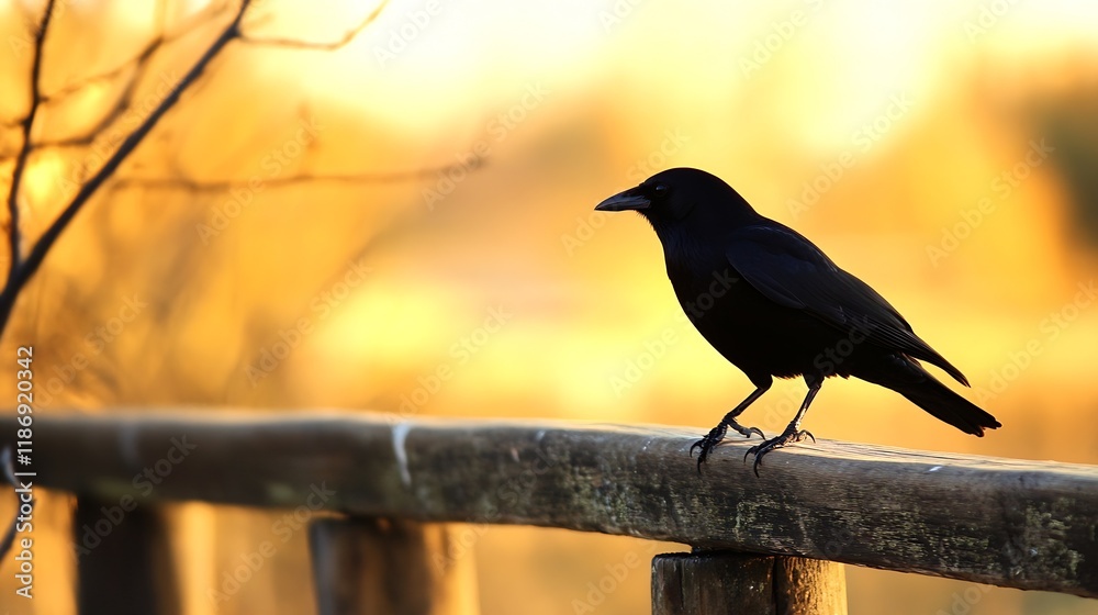 Fototapeta premium Majestic Crow Perched on Wooden Fence in Golden Hour Light for Wildlife Photography : Generative AI