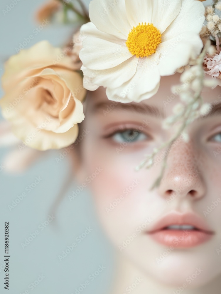 Naklejka premium Beauty of nature expressed through delicate floral crown and fresh-faced model in soft lighting during a tranquil indoor setting