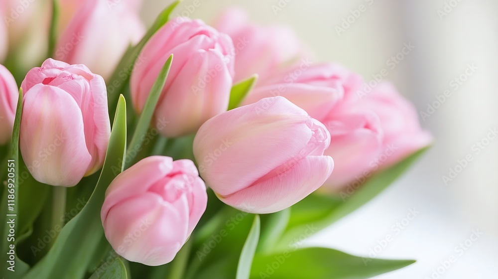Delicate pink tulips in full bloom with fresh green leaves in natural daylight setting : Generative AI Delicate pink tulips in full bloom with fresh green leaves in natural daylight setting : Generative AI