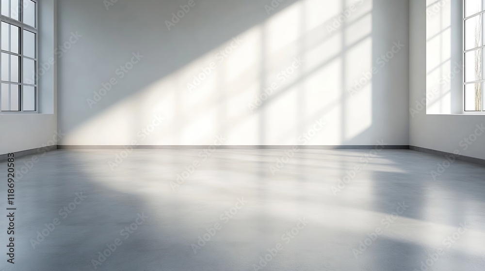 Bright Sunlight Streaming into Minimalist Spacious Empty Room with Large Windows : Generative AI Bright Sunlight Streaming into Minimalist Spacious Empty Room with Large Windows : Generative AI