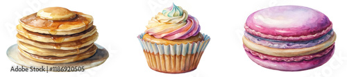 Watercolor food illustration, delicious pancakes, colorful cupcake, sweet macarons, dessert art, bakery style.