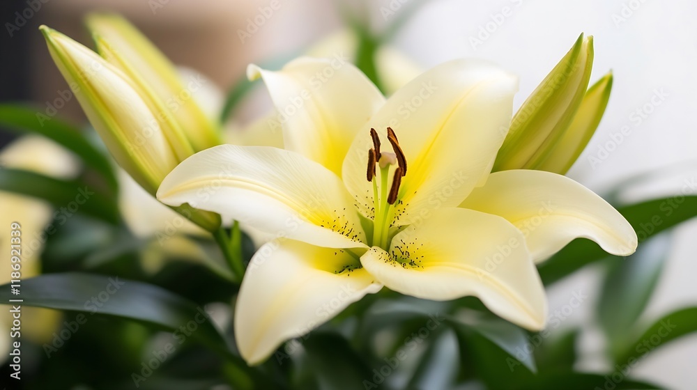 Obraz premium Elegant Yellow Lily Blooming in Natural Light Perfect for Graceful Floral Displays : Generative AI