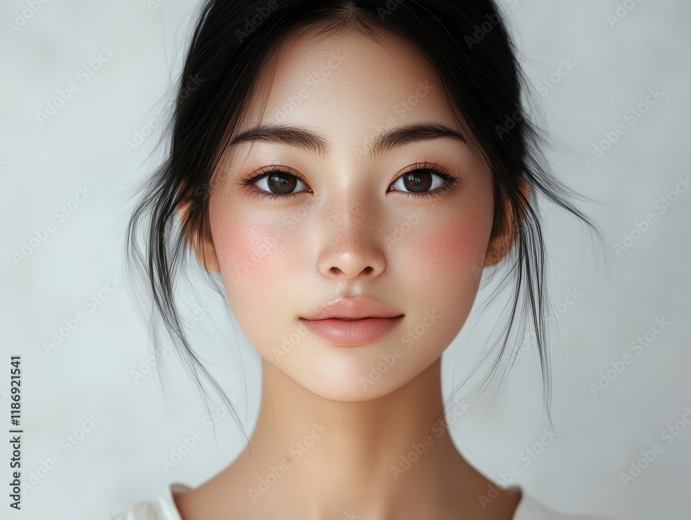 Young woman with natural makeup and soft features posing against a light background in a calm and serene setting Young woman with natural makeup and soft features posing against a light background in a calm and serene setting