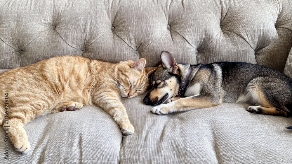 A tender moment captured in a photograph of a serene cat and a loyal dog snuggling together on a plush couch A tender moment captured in a photograph of a serene cat and a loyal dog snuggling together on a plush couch