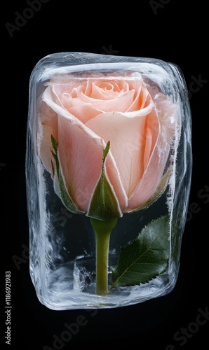 Beautiful peach rose encased in clear ice with intricate details of petals and leaves highlighted against a dark background photo