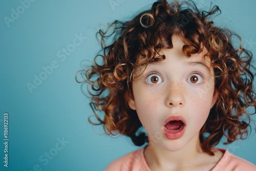 Child with curly hair showing surprise against a blue background during a playful moment, capturing the essence of innocence and wonder in childhood photo