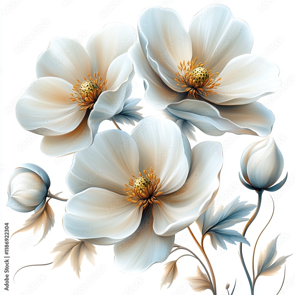 Obraz premium A beautiful illustration of white flowers with golden centers and buds, showcasing elegance and nature's beauty.