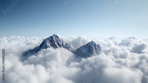 Majestic Mountain Peaks Surrounded by Clouds in Blue Skies : Generative AI