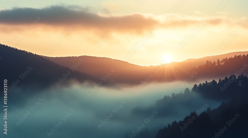 Serene Mountain Sunrise Over Misty Valleys and Forests for Peaceful Landscapes : Generative AI Serene Mountain Sunrise Over Misty Valleys and Forests for Peaceful Landscapes : Generative AI