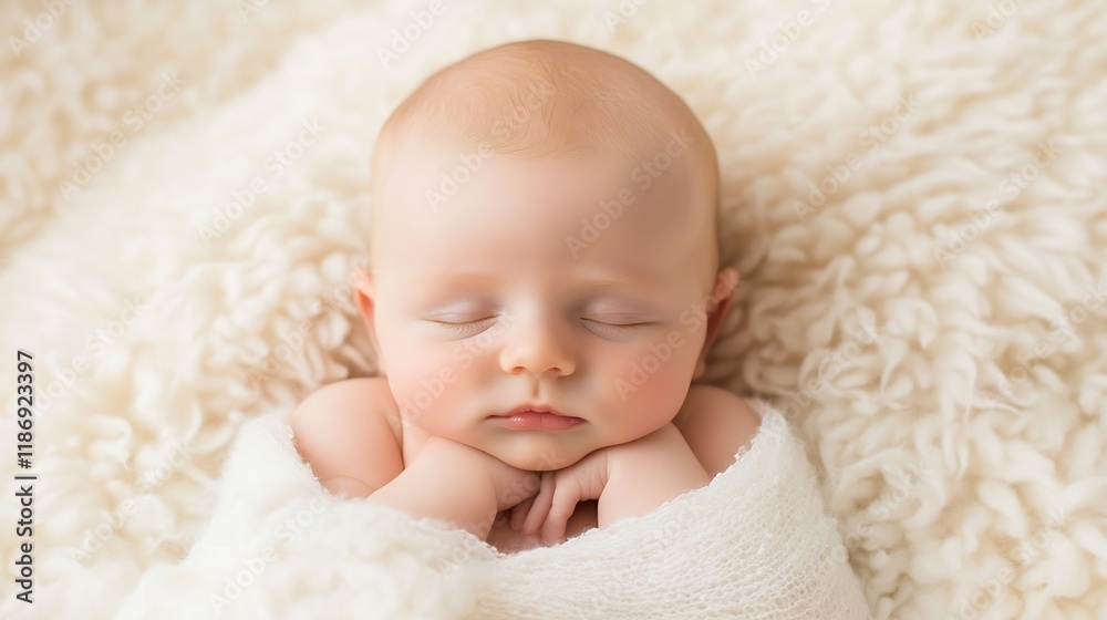 Newborn baby peacefully sleeping on soft cream fuzzy blanket : Generative AI Newborn baby peacefully sleeping on soft cream fuzzy blanket : Generative AI