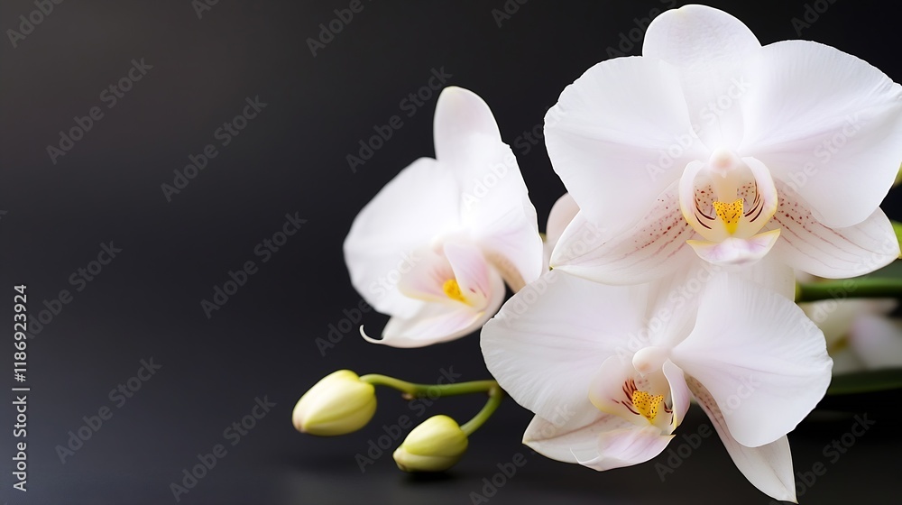 Obraz premium Delicate White Orchid Blooms with Buds on Elegant Black Background : Generative AI